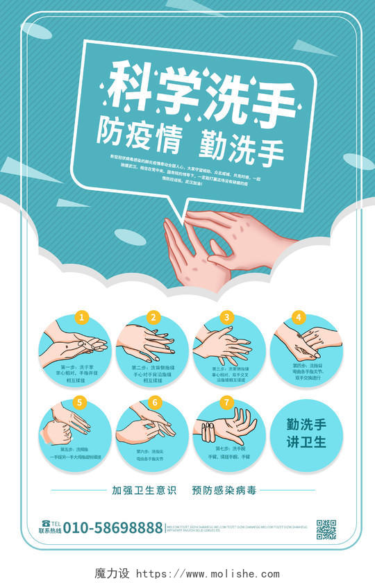 蓝色背景创意手绘风格科学洗手疫情防治宣传海报设计勤洗手七步洗手法绿色卡通海报